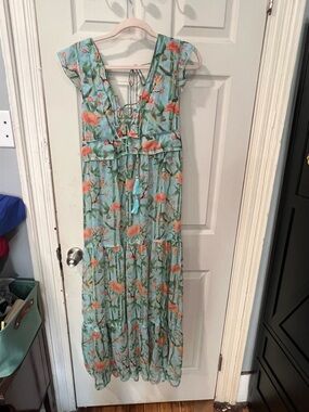 Floral Mint Maxi Dress with Tie Front